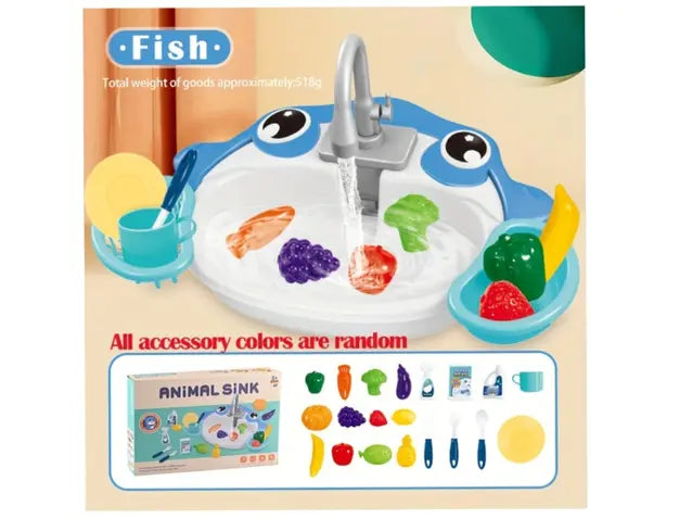 Shark-shaped play wash sink with running water